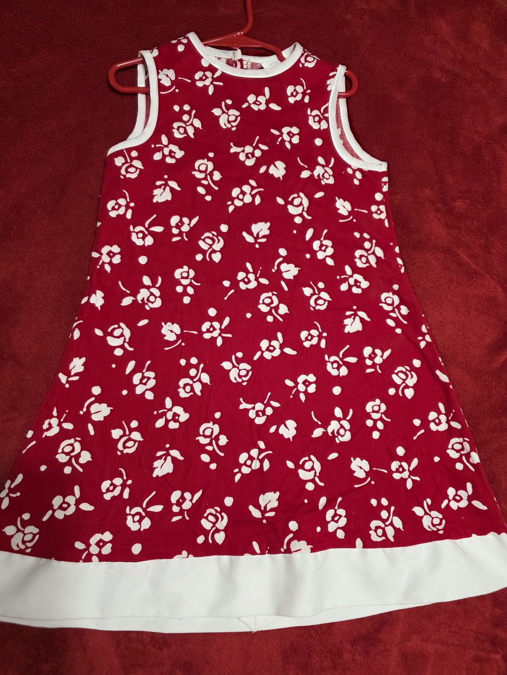 Girls Red Floral A-Line Dress with White Trim